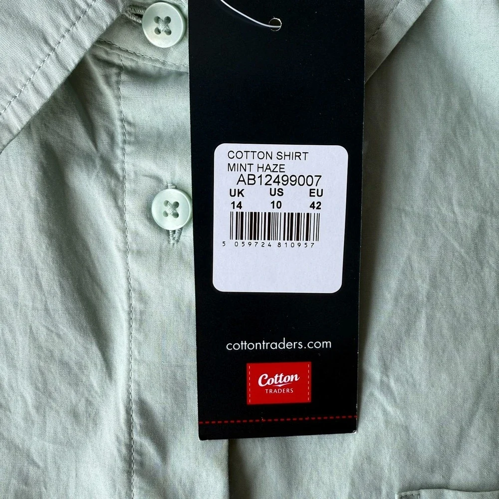Cotton Traders Button Up Womens US 10 Minimalist Mint Haze Cotton Shirt Casual‎